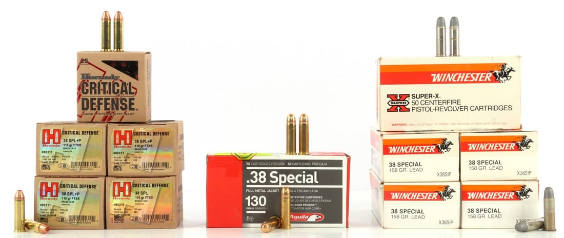 400+ RDS 38 SPECIAL 110GR JHP 158GR LRN AMMUNITION: Lot of over 400 rounds 38 Special revolver ammunition. Includes 250rds Winchester Super X 158gr lead round nose (MPN X38SIP), 125rds Hornady Critical Defense 110gr FTX JHP (MPN 90311, 90310) and 38 ro