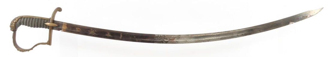 BRITISH MODEL 1803 INFANTRY SABER NAPOLEONIC WARS: Model 1803 Napoleonic Wars infantry saber. British in origin, but inscribed with German name and location. Blade has a black treatment 14 inches up with small, intricate designs. Back of blade inscrib