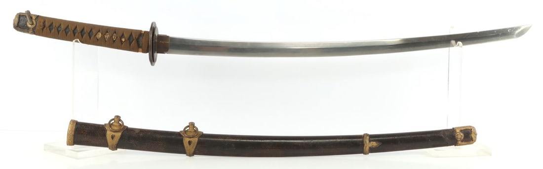 JAPANESE TYPE 97 NAVAL KAIGUNTO KATANA SWORD: Japanese naval Kaigunto, type 97. Steel katana with ray skin saya and cloth braid. WWII or pre-war. Ray skin saya, faint hamon line are consistent with the Tenshozan forge. The nakago has been machine