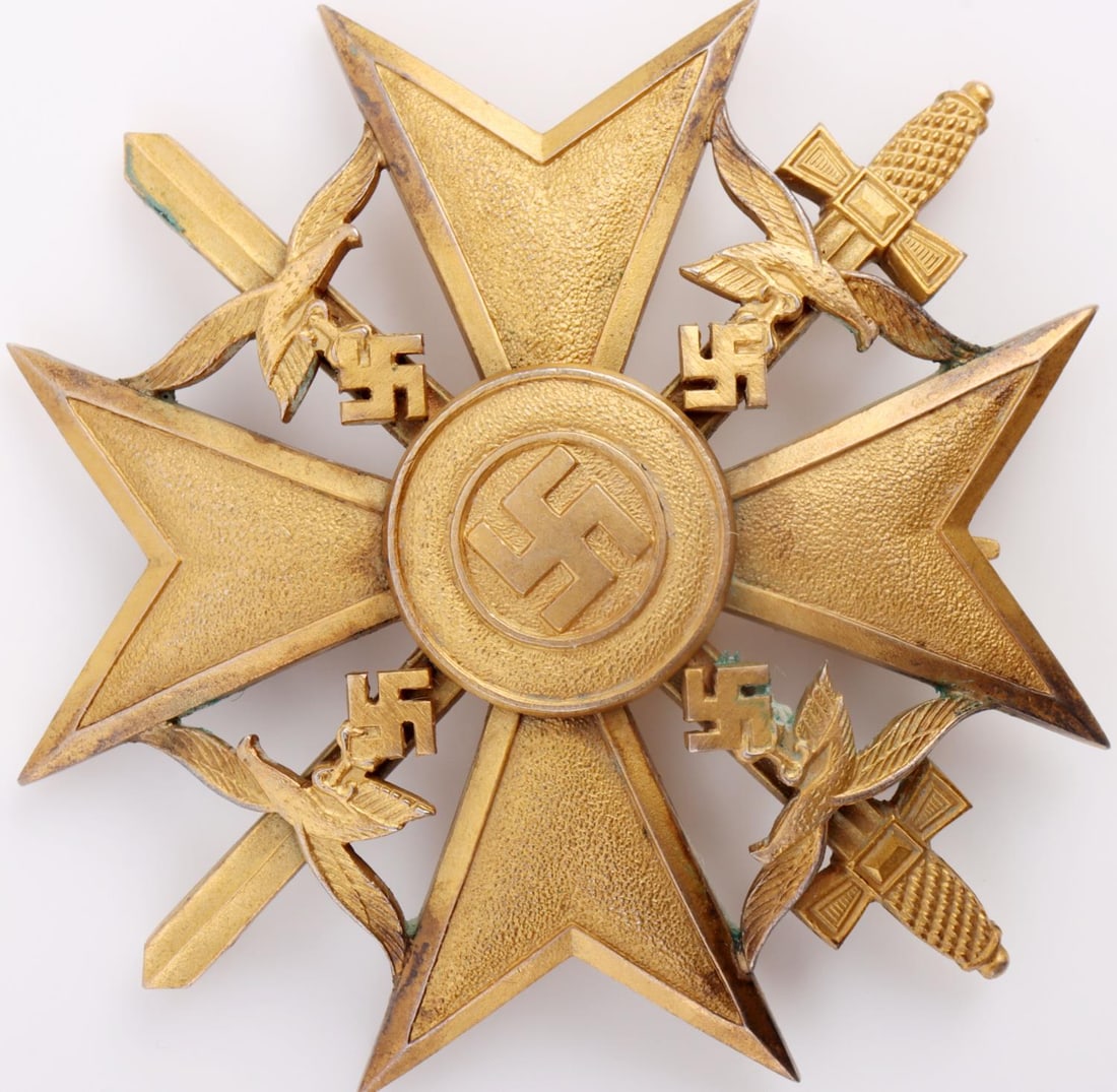 WWII THIRD REICH GOLD SPANISH CROSS W SWORDS CEJ: Spanish Cross (Spanienkreuz). Convex, non-magnetic construction. Reverse has vertical pin, block hinge and maker's mark "CEJ" (Juncker). Very good condition. Some oxidation at edges. Measures 2.25 inc