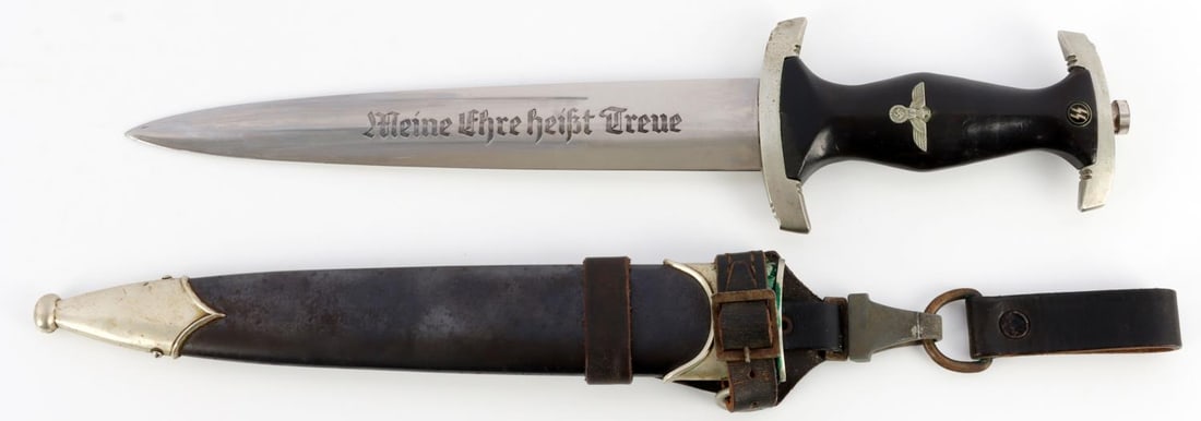 WWII GERMAN THIRD REICH SS HONOR DAGGER: Steel blade with acid etched motto, nickel crossguard by P.A. marked with "I" roman numeral and serial number 270111. Inlaid eagle and SS runes. Black anodized scabbard. Comes with leather frog marked