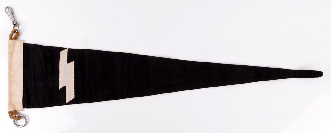 WWII GERMAN HITLER YOUTH DEUTSCHE JUNGSVOLK BANNER: Streaming banner for the Deutsches Jungsvolk, a subsidiary of the Hitlerjugend during the Third Reich. Shows a single black sig rune on a white circle on a black pennant, with a white hoist. Non-fluor