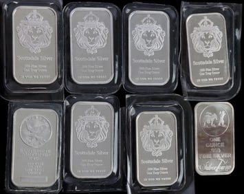 LOT OF 8 ONE OUNCE SILVER BULLION BARS