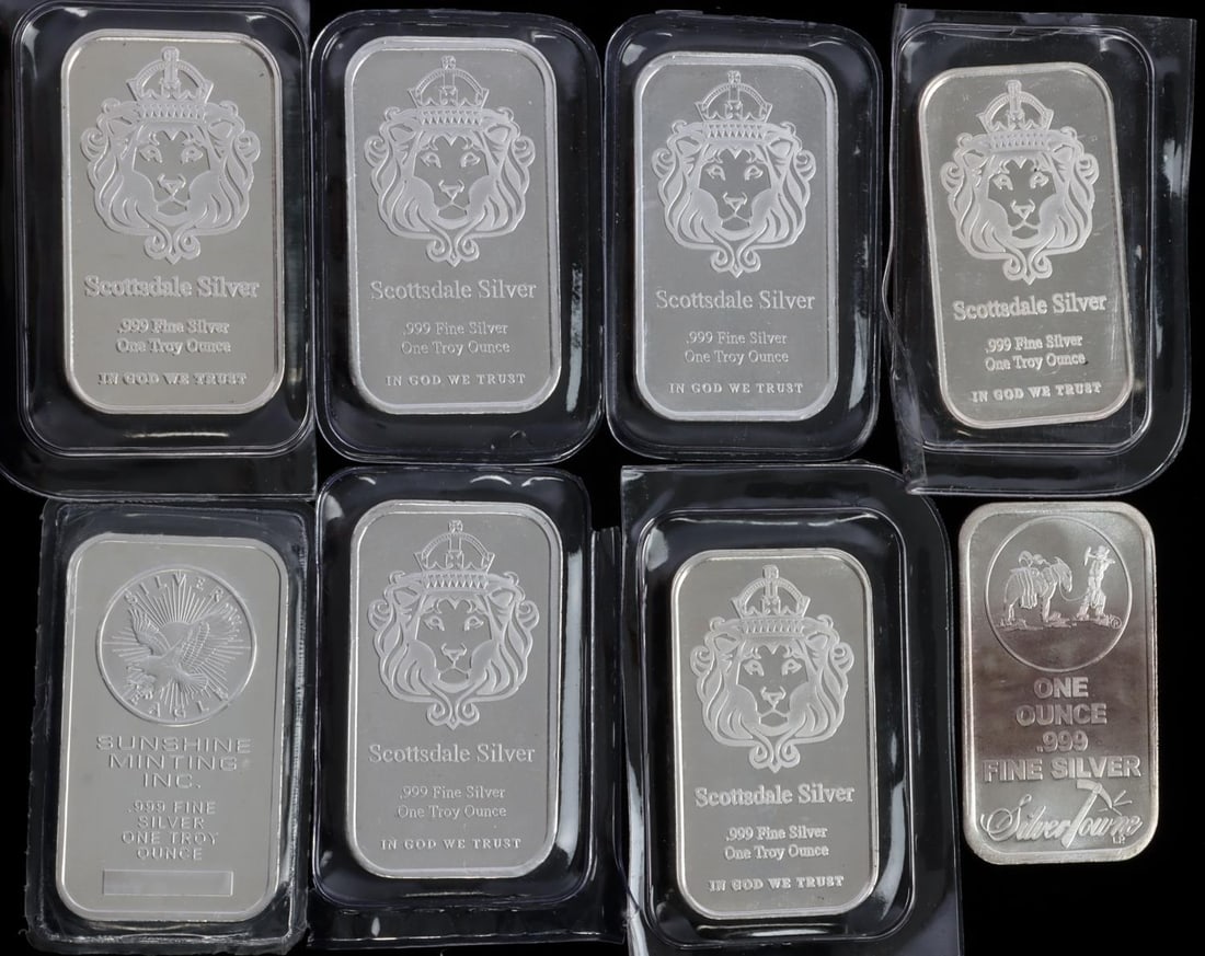LOT OF 8 ONE OUNCE SILVER BULLION BARS