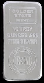 GOLDEN STATE MINT 10 OZT OUNCE 999 FINE SILVER BAR