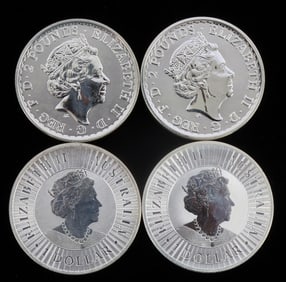 2 ENGLAND SILVER BRITTANIA & 2 AUSTRALIA KANGAROO
