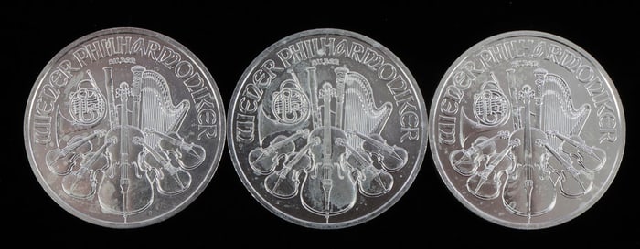 LOT OF 3 AUSTRIA SILVER PHILHARMONIC BU COINS