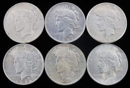 LOT OF 6 XF TO BU SILVER PEACE DOLLAR COINS