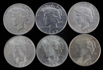 LOT 6 SILVER PEACE DOLLAR COINS 1922 & 1923 1925