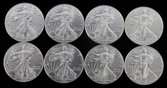 8 2016 1 OZT SILVER AMERICAN EAGLE BU COIN LOT
