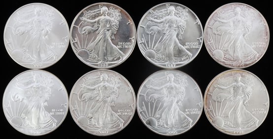 LOT OF 8 1 OZT SILVER AMERICAN EAGLE BU COINS