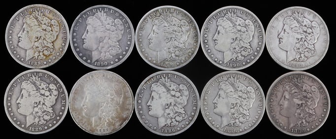 10 MORGAN SILVER DOLLAR COIN LOT 1880 - 1890