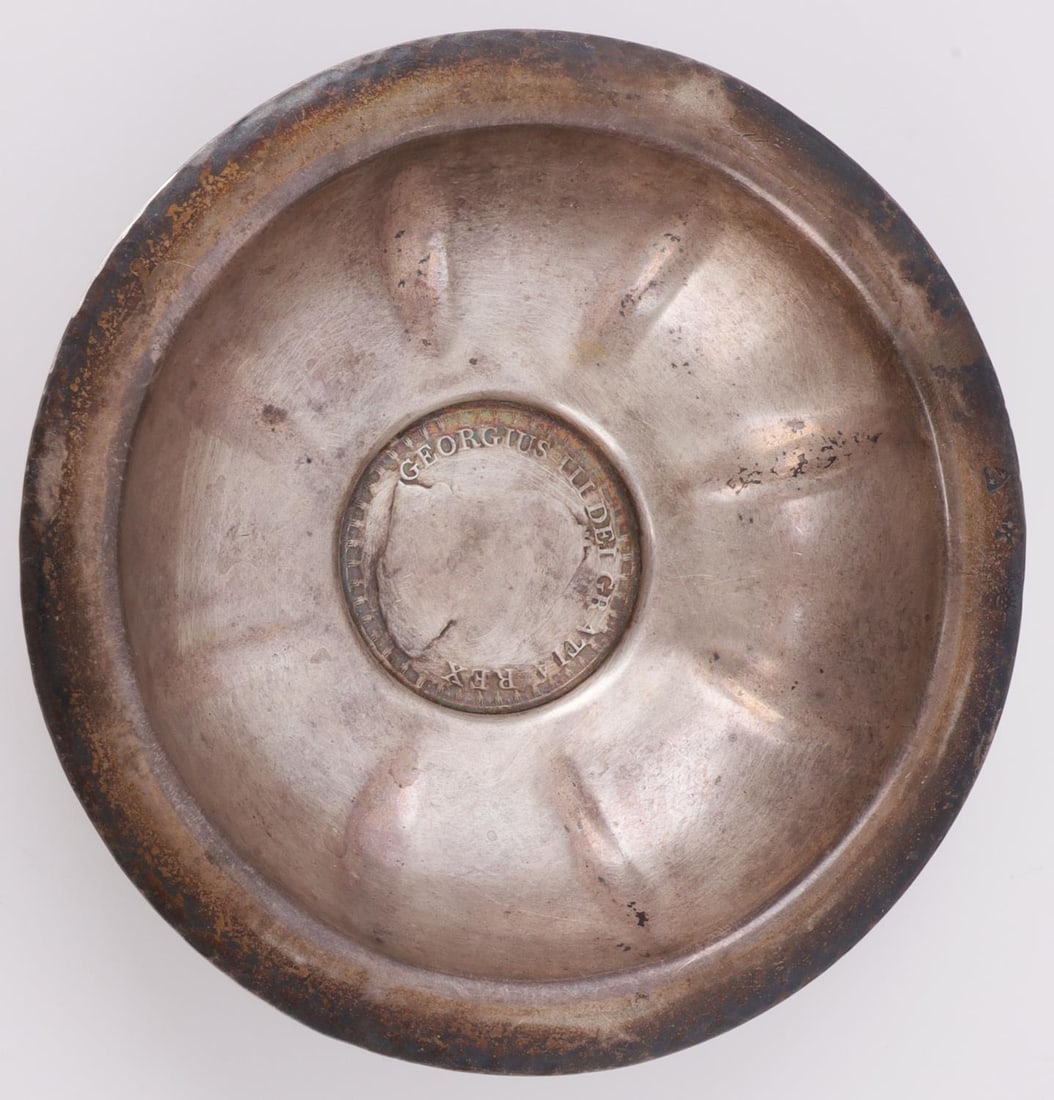 STERLING SILVER COIN DISH GEORGE III 1811 TOKEN: Antique silver dish with inset silver coin. Underside of dish edge is stamped "sterling" and top edge shows three hallmarks. Obverse of coin reads "Georgius III Dei Gratia Re," and reverse "Bank token