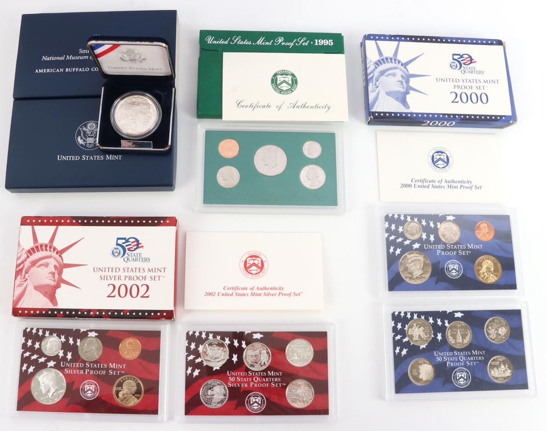 LOT US MINT PROOF SET SILVER BUFFALO COIN: Includes 2000 clad proof set as issued by the mint, 2002 Silver proof set, with no COA otherwise as issued, 1995 proof set as issued, and silver proof American Buffalo commemorative coin without COA o