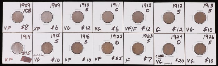 WHEAT CENT EARLY LOT OF 14 BETTER DATES