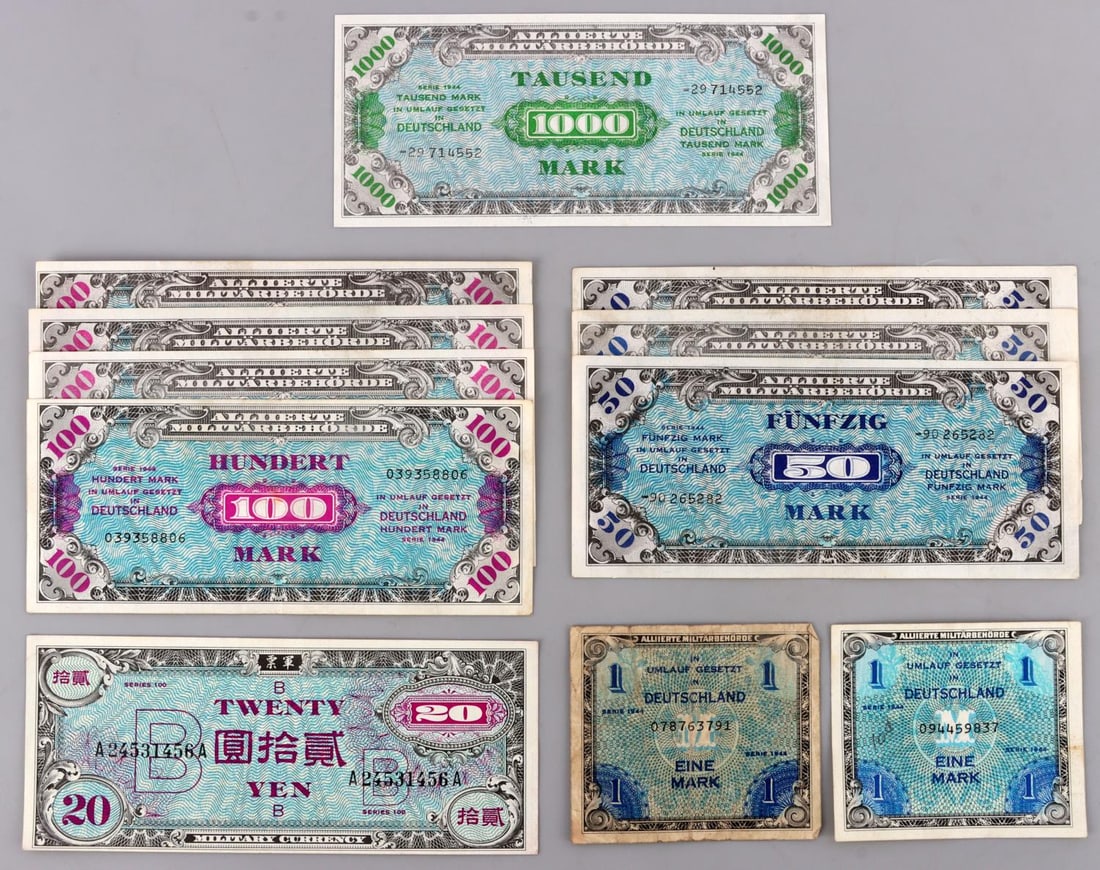 WWII ALLIED PAYMENT CERTIFICATES LOT OF 11: Lot of eleven (11): #1 Tausend marks Allied Military Payment Certificate. Series 1944. No pinholes and no crease. Is printed slightly off-center to the left. #2 Hundert marks Allied Military Payment C