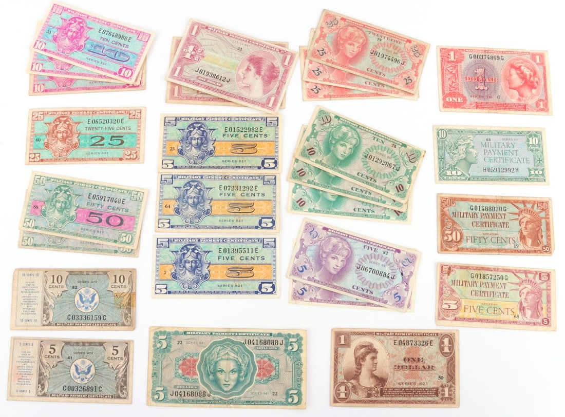 LOT OF 27 MILITARY PAYMENT CERTIFICATES 641 521: Lot of 27 military certificates from various series. Includes one from 611, ten from 521, eight from 641, and three from 591. Mostly 521 and 641, but includes series 591, 611, and 472. All bills are v
