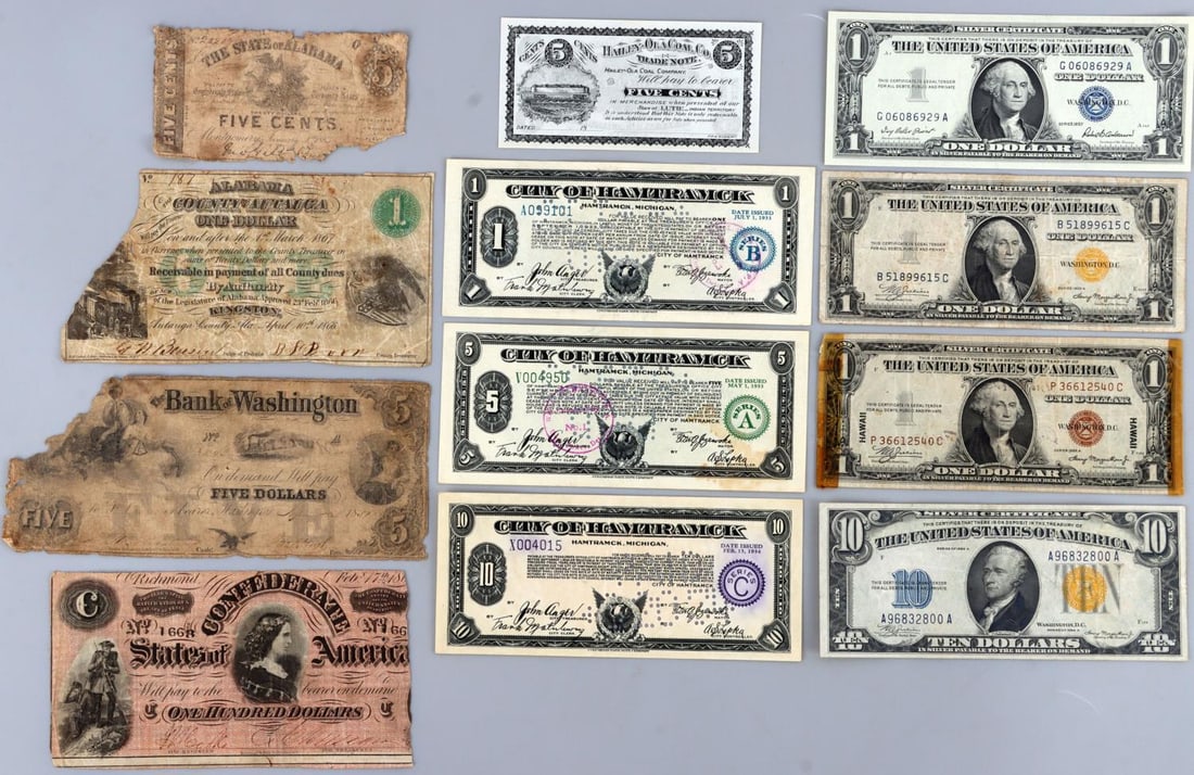 LOT 12 U.S. CONFEDERATE STATES OBSOLETE BANKNOTE: Lot of ten (10) unique notes from the United States of America, the Confederate States of America, and states/territories. Lot includes one 1935 A silver dollar certificate, one 1957 silver silver dol