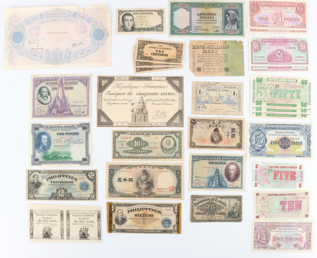 19 WORLD CURRENCY GERMAN JAPAN FRANCE GREEK: Lot of nineteen (19) includes: French Revolutionary currency; Free France currency; Japanese currency from World War II, post-war, and the Filipino occupation; Eine Million (One Million) mark bill fro
