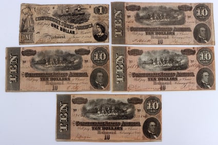 5 CONFEDERATE STATES BANKNOTE LOT