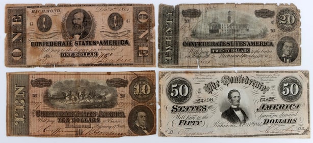 4 CONFEDERATES STATES BANKNOTE LOT