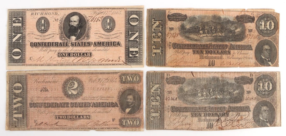 4 CONFEDERATE STATES BANKNOTE LOT UNC CS71: CD+S 71 One dollar is uncirculated. Balance are in F or better condition. All free of pinholes or tears. This lot has a reserve.
