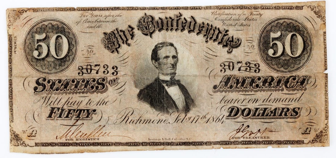 CS-50 SCARCE CONFEDERATE STATES BANKNOTE $50: Very good condition, some margin tears but no pinholes. Good, original condition. This lot has a reserve.