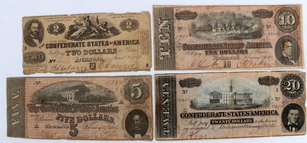 LOT OF 4 CONFEDERATE STATES BANKNOTE