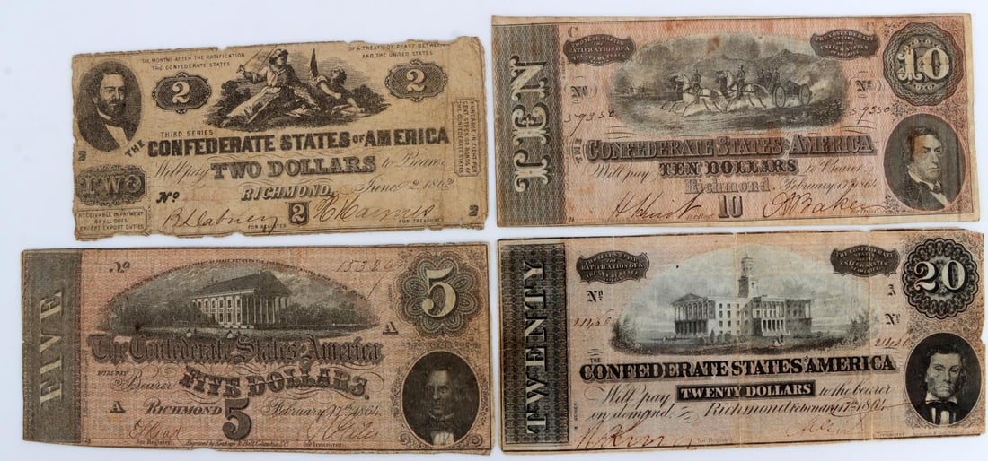 LOT OF 4 CONFEDERATE STATES BANKNOTE: Free of pinholes or other major detractions, some heavy creases and margin loss. G/VG group. This lot has a reserve.