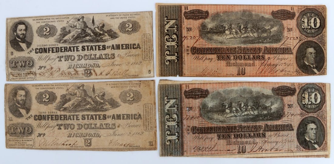 LOT OF 4 CONFEDERATE STATES BANKNOTE GROUP: All VF to uncirculated or better condition. $2.00 has a pinhole, still remains a nice group. This lot has a reserve.