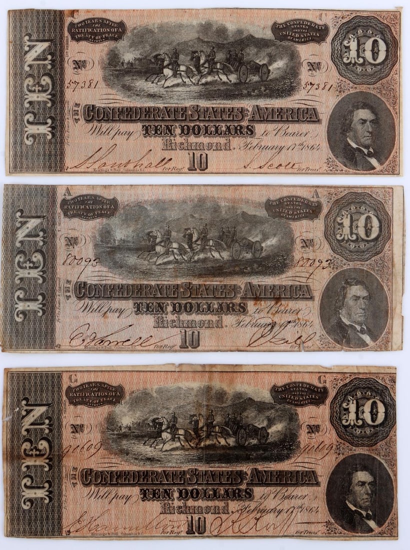 LOT OF 3 CONFEDERATE STATES BANKNOTE GROUP: A hole in one, one is uncirculated. Balance is F or better. This lot has a reserve.