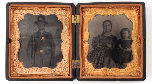 TIN TYPE OF UNION SOLDIER WITH FAMILY TWO PHOTOS