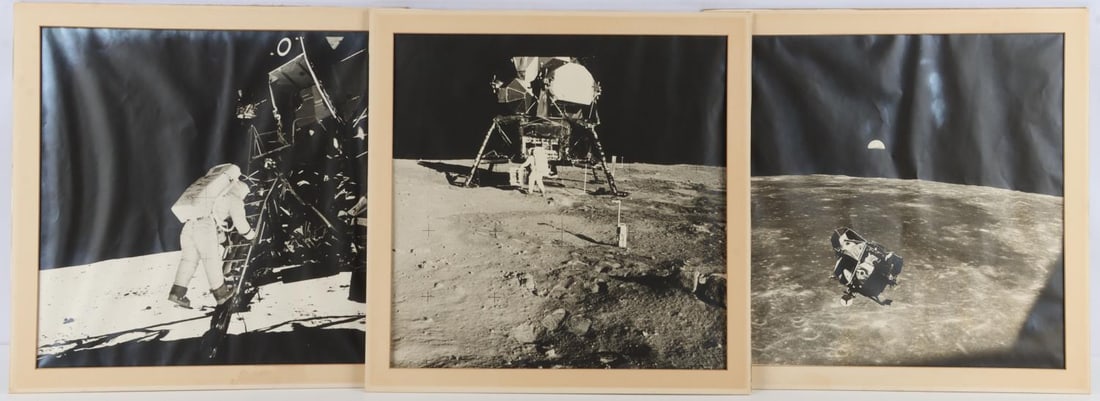 APOLLO 11 GELATIN SILVER HASSELBLAD PHOTO LOT 3: Lot of three (3) vintage Apollo XI moon landing silver gelatin photograph prints. Two prints have a grid of reticles or fiducials. All show silver mirroring and other signs of aging. Good condition wi