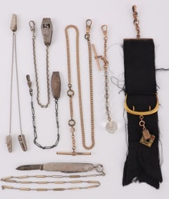 ANTIQUE WATCH FOB LOT 7 DIFFERENT & .800 KNIFE