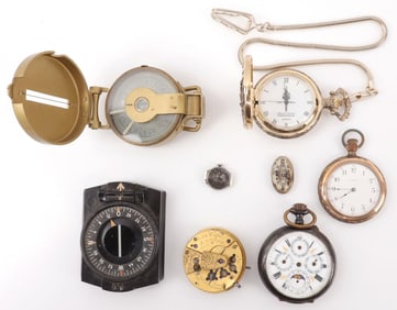 ANTIQUE POCKET WATCH MOVEMENT & COMPASS LOT OF 8