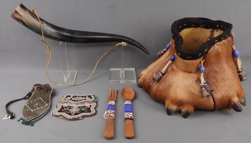 NATIVE AMERICAN BEAD POUCH HORN LOT OF 5