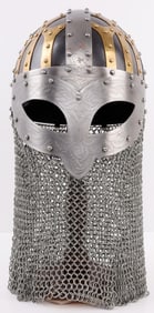 STEEL HELMET WITH NORSE VIKING DESIGN & CHAIN MAIL