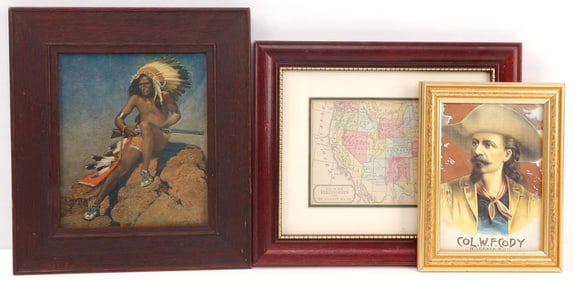 WESTERN ART LOT OF 3 BUFFALO BILL MAP NATIVE