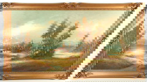 HEINZ ROSS MOUNTAIN LAKE HOUSE LANDSCAPE PAINTING