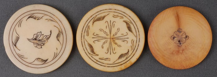 ANTIQUE DECORATED IVORY POKER CHIP LOT OF 3