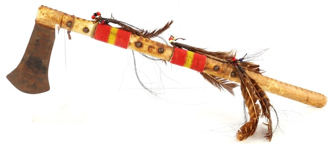 ANTIQUE NATIVE AMERICAN HIDE WRAPPED TOMAHAWK