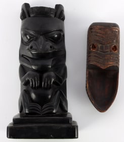 ARGILLITE NORTHWEST TOTEM POLE & CARVED CANOE ART
