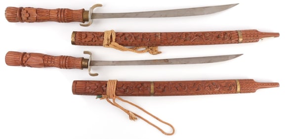 THAI DHA SHORT SWORD CARVED SCABBARD & GRIP LOT 2
