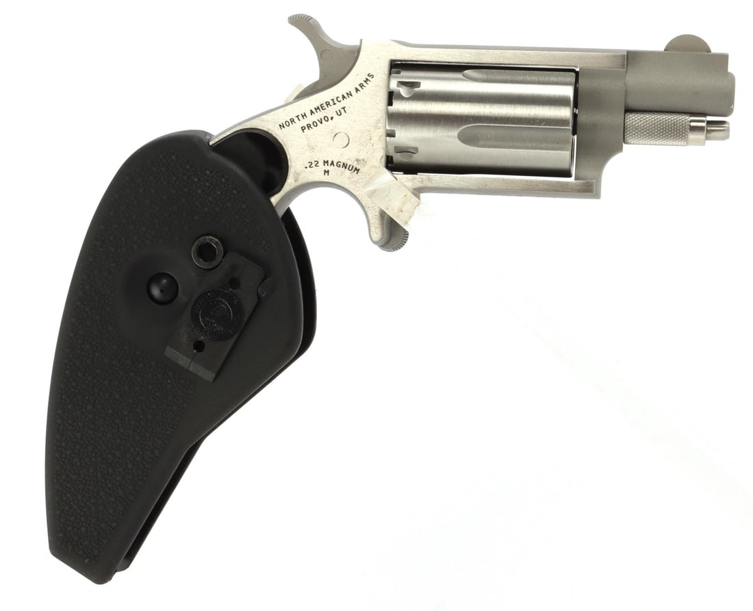 NORTH AMERICAN ARMS 22 MAG HOLSTER GRIP REVOLVER: New in box. 22 Magnum with holster grip and 1-1/8? barrel. Model: NAA-22MS-HG. SKU: 744253000928. FFL required for transfer. No international shipping. Know your state's laws before bidding. Caliber: 