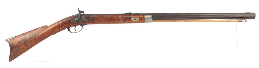 HT COOPER .40 CAL PERCUSSION HALF STOCK RIFLE: Antique Henry Cooper percussion hunting rifle, ca. mid-1800s. Heavy 34-inch octagonal barrel, pewter forend cap and distinctive tiger maple half stock with brass butt plate. Lock plate inscribed "H.T.