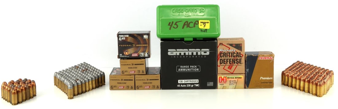 LOT OF 525 RDS 45 ACP JHP & FMJ PISTOL AMMUNITION: Lot of over 525 rounds 45 ACP ammunition, both JHP and FMJ. Includes 43rds FMJ headstamped "E C 43," bag of 100rds lead bullet, bag of 50rds JHP, bag of 50 rounds JHP, bag of 30rds Winchester/Federal 