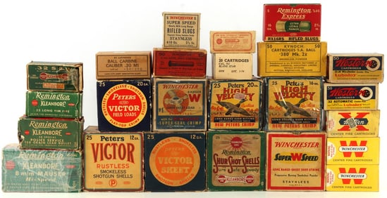 ANTIQUE AMMUNITION RIFLE PISTOL SHOTGUN 28 BOX LOT