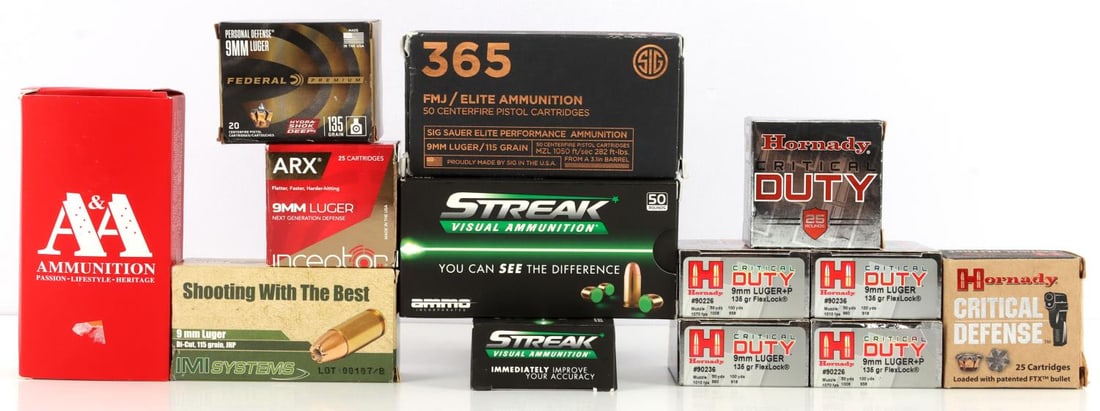 400 ROUNDS 9MM LUGER JHP PISTOL AMMUNITION LOT: Lot of over 400 rounds 9mm Luger ammunition, primarily JHP. Includes three (3) boxes Hornady Critical Duty #90226 +P 135GR JHP. Two (2) boxes Hornady Critical Duty #90236 135GR JHP. One (1) box ARX Pr