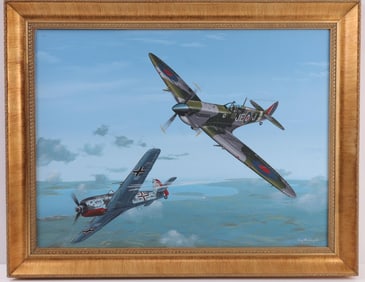 RAY WADDEY WWII SPITFIRE DOGFIGHT SIGNED PAINTING