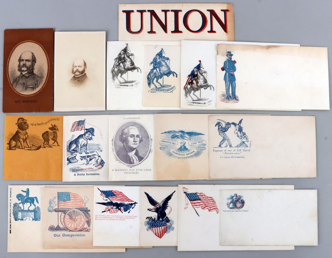 LOT OF 17 US CIVIL WAR UNION PATRIOTISM ENVELOPES: Lot of fifteen (15) envelopes made for the Union during the American Civil War to display patriotism and the victories against the Confederate States of America(CSA), and two (2) original prints of ph